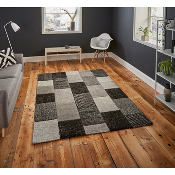 Brooklyn 21830 Modern Geometric Square Patchwork Blocks Soft Carved Durable Short Pile Grey/Black Rug-Think Rugs-Rug Love - The Most Loved Rug Store